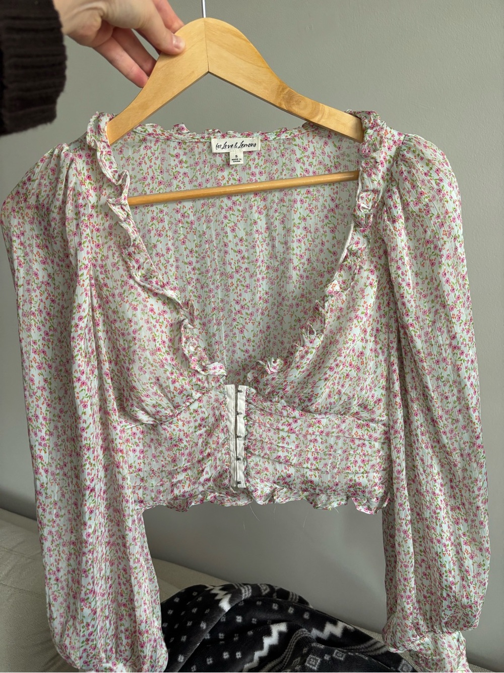 For Love & Lemons Pink Floral Ruffled Long-Sleeve Crop Top